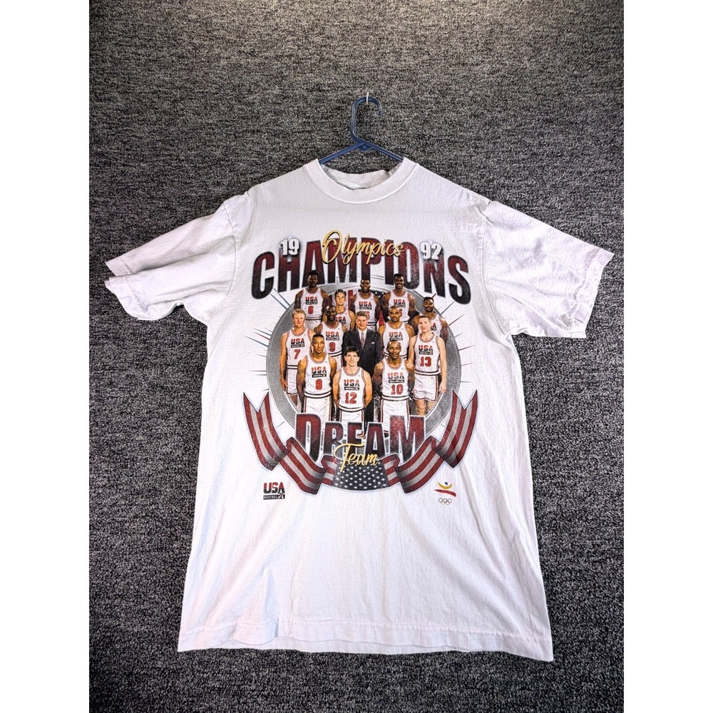 1992 USA Dream Team Basketball Olympic Champions T Shirt Mens L White Crew Neck